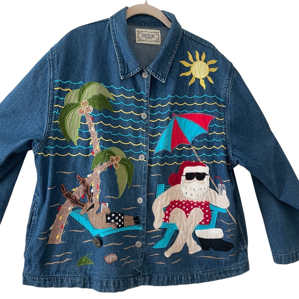 Santa Beach Denim Button Down Jacket So Cute Embr… - image 1
